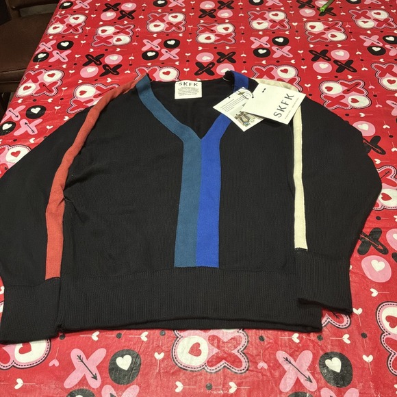 SKFK Fairtrade Organic CottonColorblock V Neck Sweater Quiet Luxury NWT Size 4